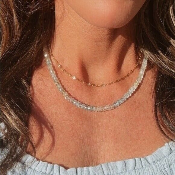 Ombre Aquamarine Beaded Necklace Genuine Gemstone Waterproof Gold Adjustable - Picture 10 of 12
